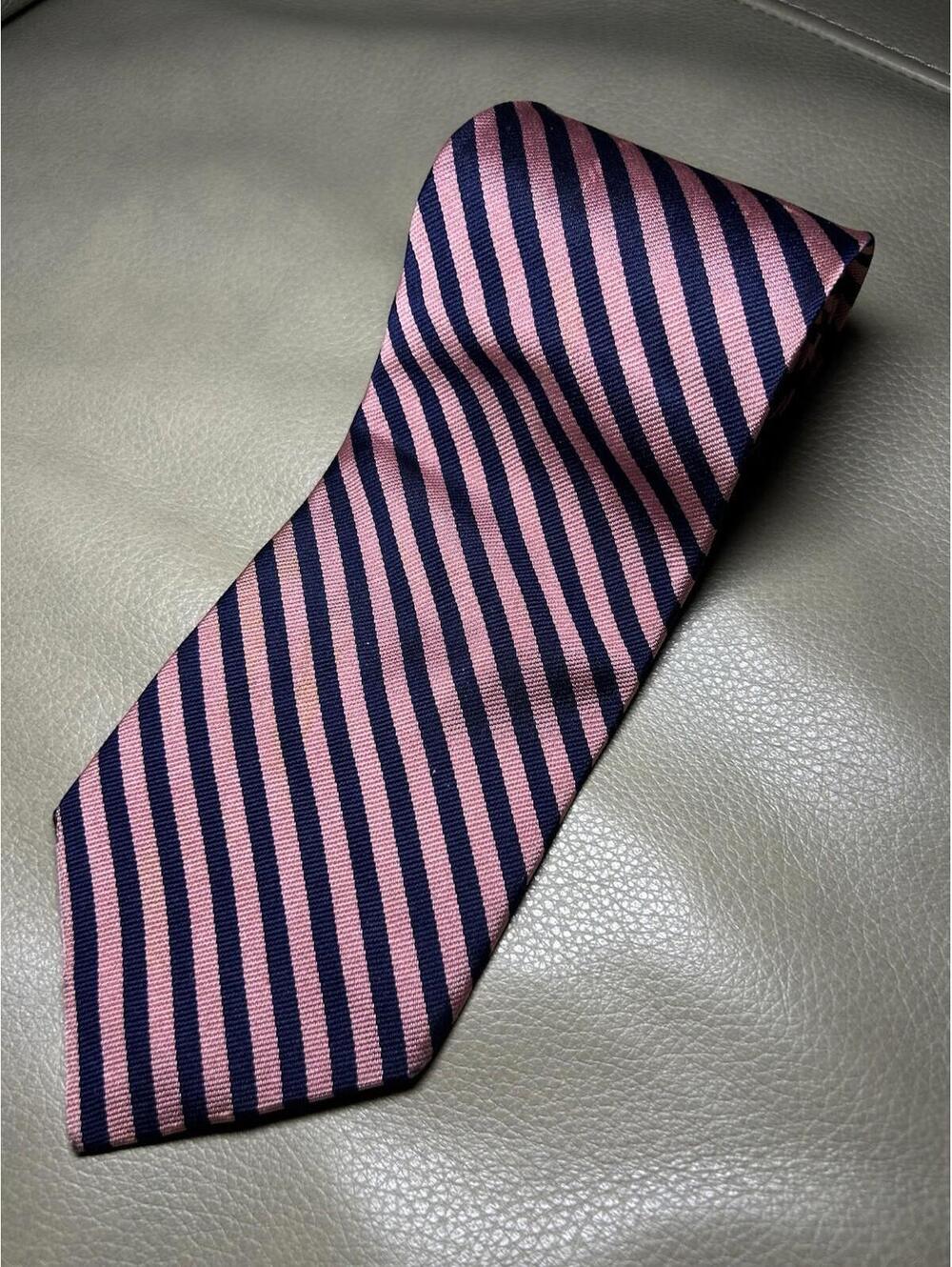 Brooks Brothers Makers Men’s 100% Silk Tie Navy Blue Pink Repp Stripes T1